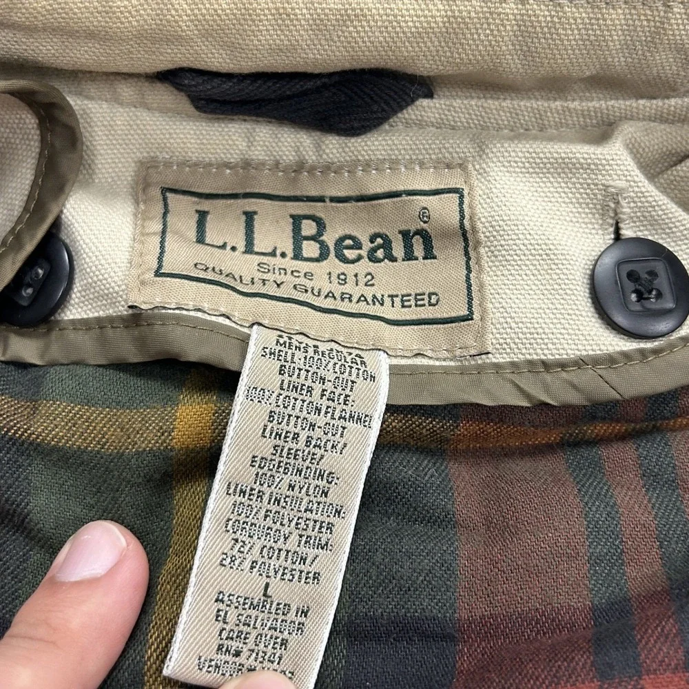 L.L. Bean Field Coat Mens L Khaki Tan Plaid Lined Corduroy Trim Barn Jacket